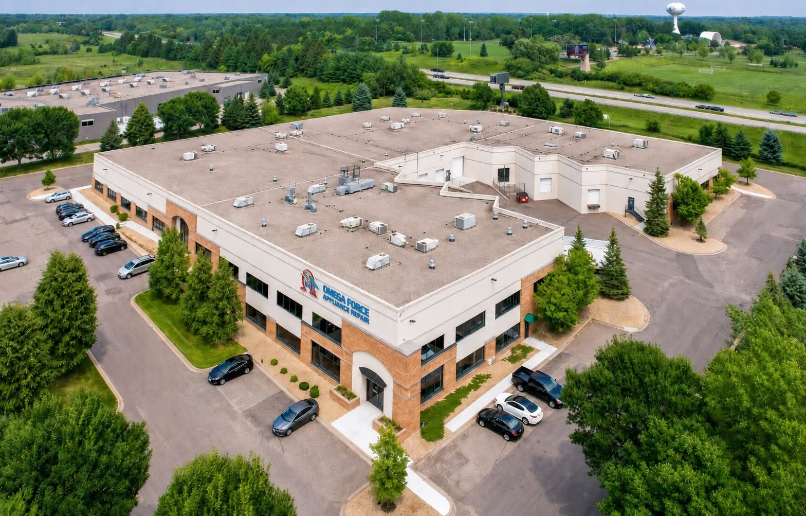 Aerial view of the Omega Force Appliance Repair headquarters building