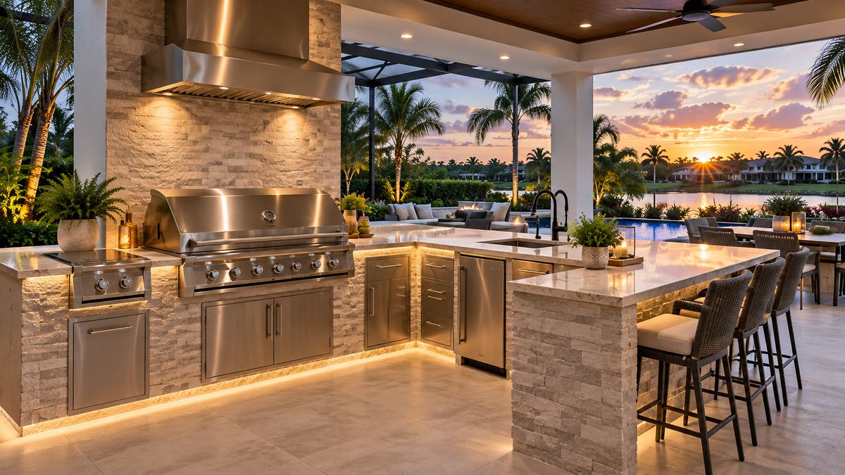Built-in stainless steel gas grill in a Southwest Florida outdoor kitchen